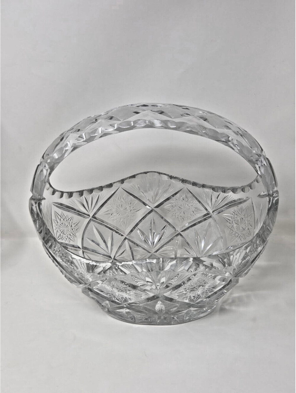 Vintage Lead Crystal Cut Glass Basket Diamond Pattern Bowl Large Curved Handle